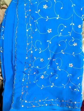 Brand New Embroidered Royal Blue Georgette Saree with Delicate Floral work